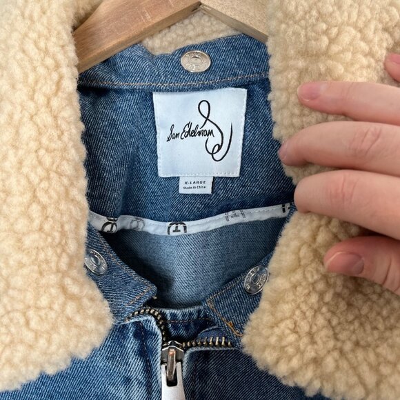 Sam Edelman Mesa High-Pile Fleece Collar Zip-Up Crop Denim Moto Jacket XL - Picture 2 of 10